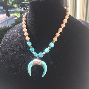 Wooden necklace w/ crescent moon charm